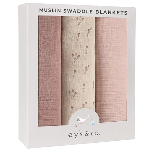 Image of Ely's & Co. Muslin Swaddle Blanket 3-Pack for Baby Boy— 100% Cotton Muslin Extra-Large Swaddle Blankets (47”x 47”) Mauve Bluebell
