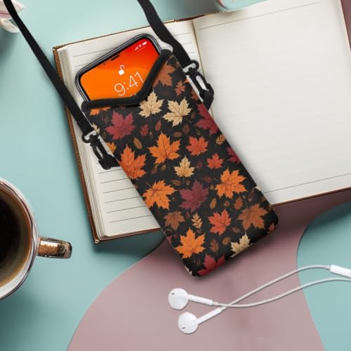 Image of Neoprene Phone Pouch Shockproof Crossbody Phone Purse Mini Bag with Detachable Adjustable Strap Travel Essentials Hands Free, Autumn Fall Maple Leaf Black