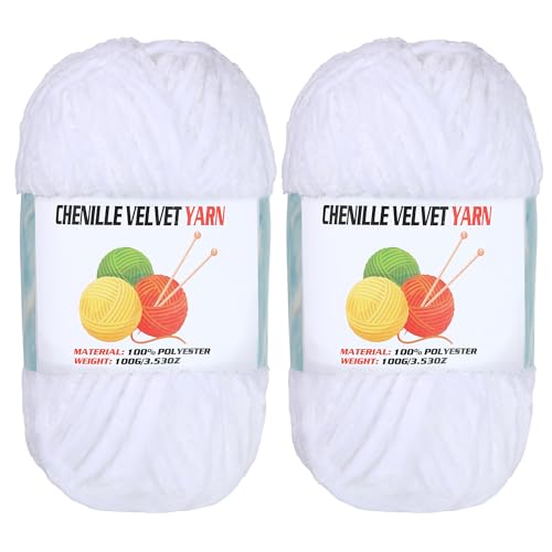 Image of 2 * 100g Velvet Chenille Chunky Yarn, Handcrafts Weaving Soft Chenille Yarn for Crocheting Clearance, Used for Making Baby Yarn Blanket, Clothes, Knitting Creations (White)