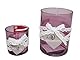 DRW Set mit 2 runden Kerzenhaltern aus Glas mit Herz aus violettem Holz, 10 x 10 x 15 cm