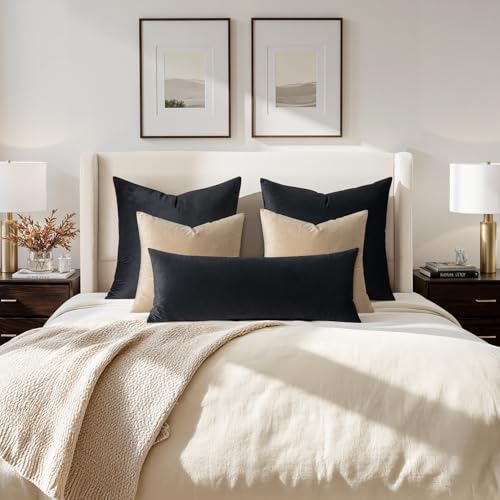 Image of MIULEE 28x28 Inch Euro Sham Velvet Pillow Covers, Set of 2 Large Square Decorative Pillows -Black Super Soft for King Bed, Sofa, Couch, Accent Chairs
