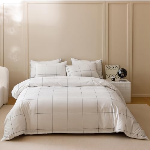 Image of KAREVER White Grid Comforter Twin Boys Grils Black Square Lines Checkered Bedding Set Twin White Plaid Comforter Twin Size
