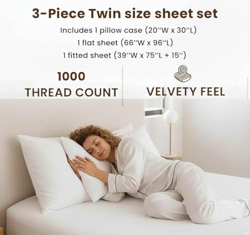 Image of Twin Sheets Set 3 Piece | 1000 Thread Count | Light Grey | Cotton 3-Piece with 15 inch Deep Pocket Soft & Luxurious Sateen Weave Sheets & Pillowcases for Twin Bed by PRATEE