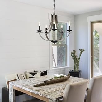 LAMPKEDUO Farmhouse Chandeliers for Dining Room Light Fixture, 5-Light 24 inch Faux Wood Texture Hanging Lighting Fixtures,Rustic Candle Chandeliers for Living Room Kitchen Island Foyer Entryway