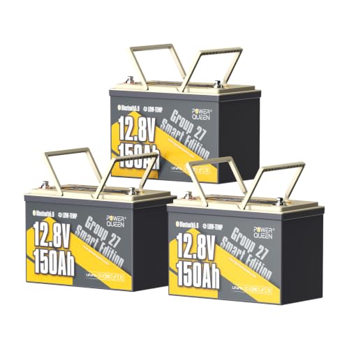 Image of Power Queen 12V 150Ah LiFePO4 Lithium Battery Bluetooth for Marine, RVs | Group 27,150A BMS, Up to 15000 Cycles, IP65 Waterproof, Low Temp Protection, 1920Wh for Trolling Motor, RV Motorhome, Solar
