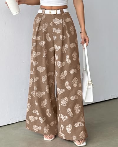 Bsubseach Women Palazzo Pants Modern Boho Floral High Waisted Wide Leg Pants Summer Causal Beach Trousers with Pockets Khaki L — view 4
