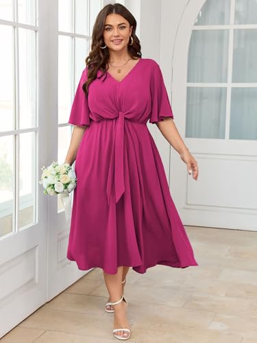 Image of SCOMCHIC Women Plus Size Midi Dresses Wedding Guest Short Sleeve V Neck Tie Waist Casual Summer Flowy A Line Dress