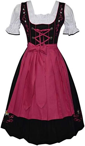 Edelweiss Creek Long 3-Pcs Black German Waitress Dirndl Women Pink Embroidered Oktoberfest Dress