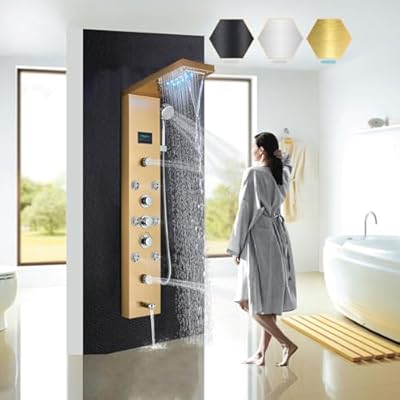FCOTEEU Multi-Function Shower Panel with Temperature Display LED Rainfall Waterfall Shower Head 8 Shower Jets Shower Panel Tower System Brushed Gold