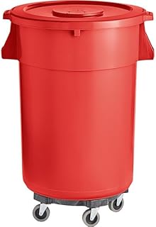 32 Gallon Round Trash Can with Lid and Dolly / 130 Liters Commercial Trash Can Trash Bin Kitchen Garbage Can Waste Basket Bin Durable Waste Container Heavy-Duty Janitorial Can Ingredient Bin (Red)