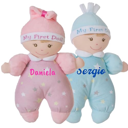 Muñeca de Trapo Personalizada con su Nombre, blandita de Tacto Suave con sonajero Incorporado – Regalo Bebe Recien Nacido y niña 1 año - Peluche Bebe (Rosa)