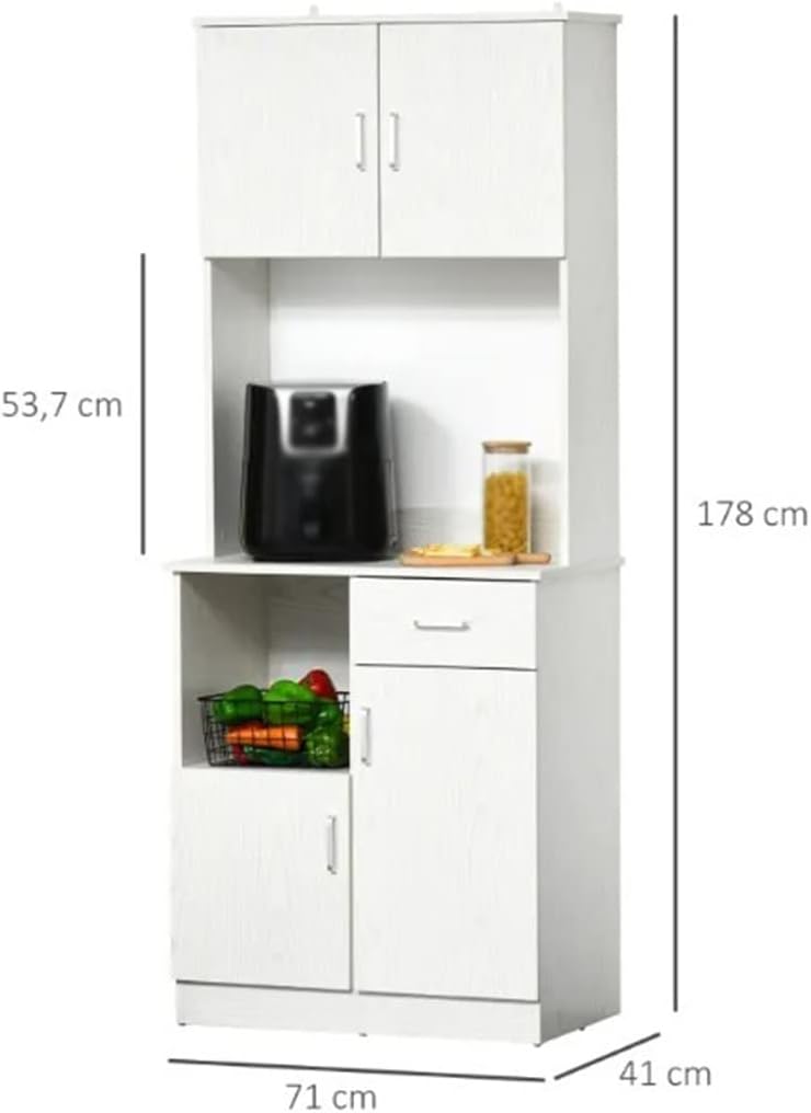 Kitchen Cabinet Auxiliary Buffet with 3-Door Cabinet Adjustable Shelf Drawers and Shelves 71x41x178 Cm White (D As Shown)