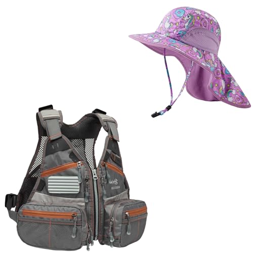 Youths Fly Fishing Vest with Multiple Pockets(One Size) & Kids UPF 50+ Wide Brim Sun Hat with Neck Flap(Purple Unicorn-Large) Bundle