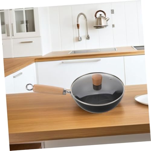 Wok de hierro fundido resistente con tapa y mango de madera miniatura 6