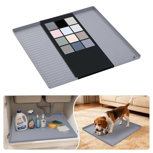 Image of URMONA Waterproof Silicone Under Sink Mat 19'' x 19'' Shelf Liner for Kitchen and Bathroom, Cabinet and Counter Protector, Storage and Organizers, Litter Mat, Pet Cat Puppy Essentials(Light Grey)