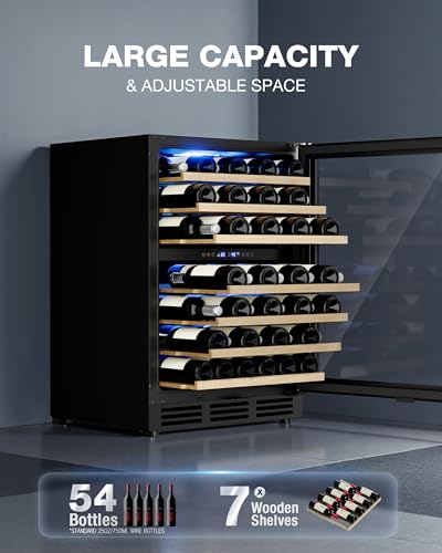 Image of 24 Inch Dual Zone Wine Fridge, 55-Bottle Wine Fridge Under Counter with Glass Door for Built-In or Freestanding, Wine Cooler Refrigerator with Removable Wooden Shelves, for Home /Bar /Office (Black)
