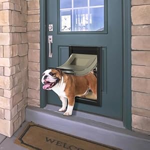 Weatherproof Canine Door with Sliding Lock Panels, Double Flap Canine Door for Doorways, Doggy Door and Pet Door with Aluminum Body, Adjustable Passage, for Medium Canines, Matte Black