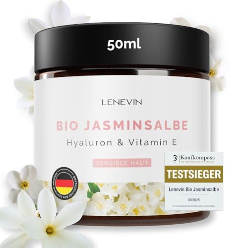 Jasmin Salbe für Augen - LENEVIN Augencreme gegen Falten und Augenringe entfernen - Testsieger F.A.Z. 2025 - Bio Aktiv Jasminsalbe - Frauen und Männer, 1% Vit. E - 0,1% Hyaluron, sensible, reife Haut