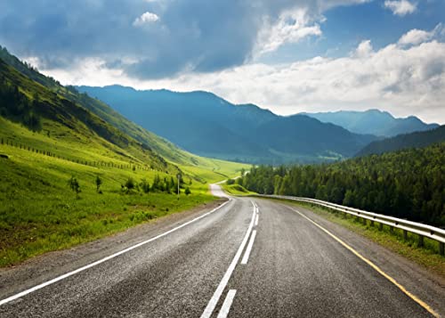 BELECO 7x5ft Fabric Highland Road Backdrop Mountain Forest Green Trees Highway Background Rural Scene Countryside Road Trip Outdoor Travel Adventure Backdrop Portrait Photoshoot Studio Props