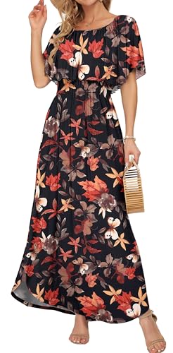 Image of AUSELILY Womens Off Shoulder Ruffle Split Summer Maxi Dresses with Pockets | Off-shoulder Ruffle dress with empire waist & side split for summer beach and casual parties