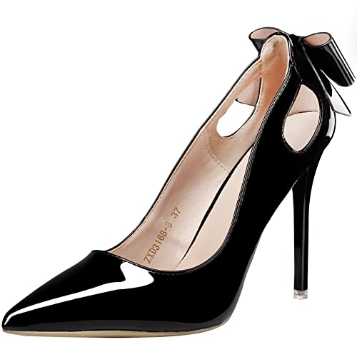 zpllsbratos Escarpins Noeud Vernis Talon Haut Aiguille Bout Pointu Femme Sexy pour Mariage Banquet Soiree Fête Bureau(Noir,37 EU) Cover