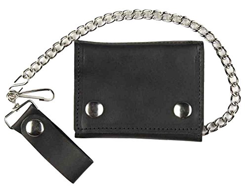 Motorcycle Men's Large Tri-Fold Biker Chain Wallet, Genuine Black Leather TC315