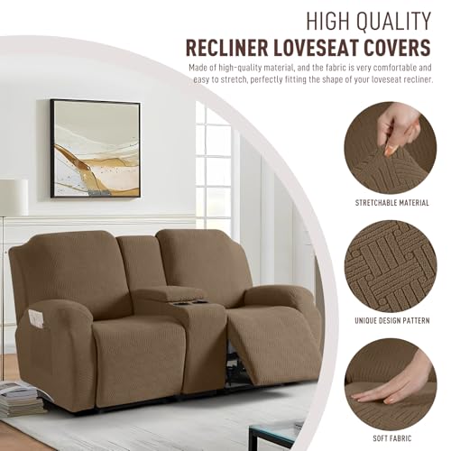 Image of KinCam Loveseat Recliner Covers with Middle Console Slipcover, Recliner Sofa Covers 2 Seat Couch Cover Stripe Jacquard Furniture Protector Covers with Elastic Bottom for Kids, Pets (Brown)
