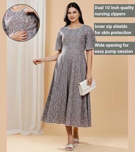 Image of DUMMY SHAPE Feeding Kurtis for Women Cotton Rayon | Printed Pregnancy Flare Kurta with Nursing Zippers to Pre & Post Partum | Maternity Dresses | Gifts for Pregnant Woman