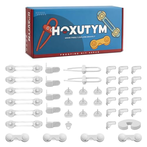 Hoxutym Baby Proofing Kit for Child, 45 Pack Child Safety Pack – Cabinet & Drawer Locks, No Drill Corner Guards, Outlet Covers, Universal Safety Straps, U-Shaped Locks, Door Stopper for Toddlers Safe