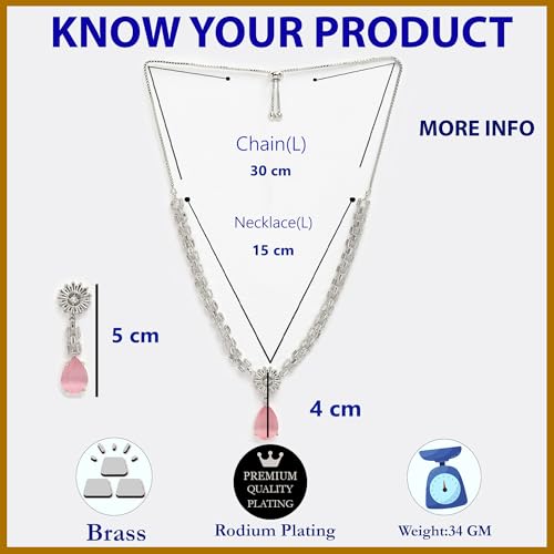 Image of ZENEME Rhodium Plated Brass Silver Toned Luxurious Sparkle Pink Necklace & Earring Jewellery Set For Women & Girls