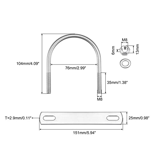 Image of uxcell Round U-Bolts, 76mm(2.99 inch) Inner Width 104mm Length M8 304 Stainless Steel U Clamp Bolt with Nuts Washers and Plates, for Boat Trailer