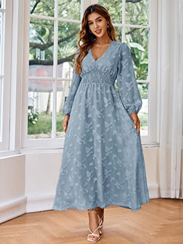 Image of Simplee Women's Long Sleeve Maxi Dress Burnout Floral V Neck Formal Dress(L Blue)