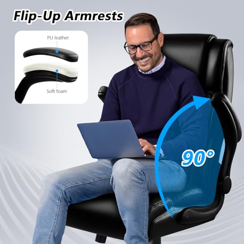Big and Tall Office Chair, Ergonomic Leather Office Computer Desk Chair, Black Heavy Duty Office Chair with Flip-up Armrest, Comfortable High Back Home Chair 400 LBS with Lumbar Su image 3