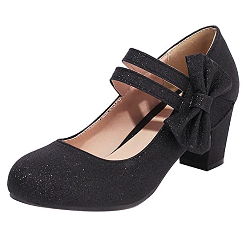 UniqueStride Womens Sequins Chunky Heel Mary Janes Ankle Strap Round Toe Bow Glitter Wedding Bridal Pumps