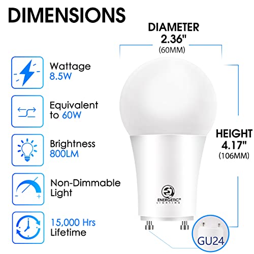 Energetic Led Gu24 Light Bulbs, A19 Shape, 60 Watt Equivalent (8.5W), 2700K Soft White, 800 Lumens, Non-Dimmable, 2 Prong Twist And Lock Base, Ul Listed, 4 Pack #TOP1