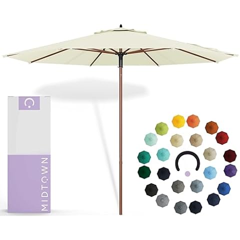 Midtown Umbrellas The Wooden 9 Feet Patio Umbrella With Sunbrella Canvas Natural Acrylic Fabric - Aluminum Frame Market Umbrella For Backyard, Deck, Garden, Pool - Wooden Pole Cover