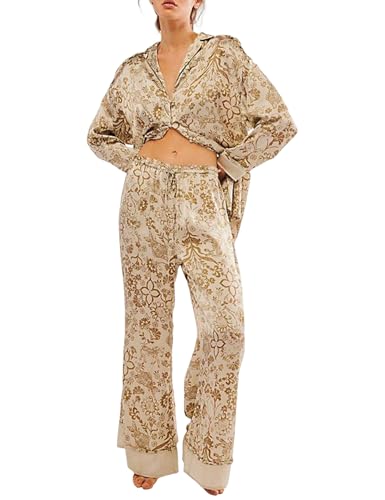 Image of Yimoon Satin Pajama Set for Women Silk Pajamas Set 2 Piece Floral Cute Pj Set Long Sleeve Pjs Sleepwear