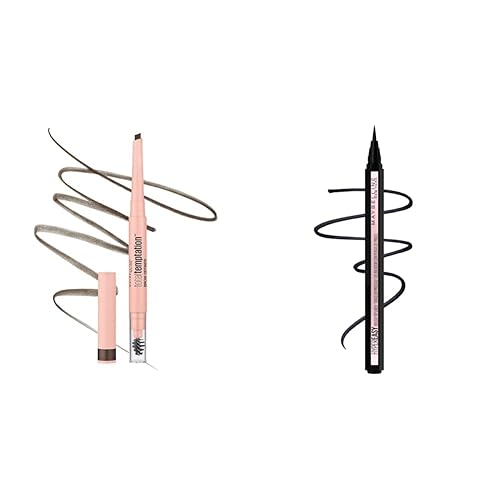 Maybelline Total Temptation - Lápiz definidor de cejas, marrón oscuro, 1 unidad y lápiz líquido Maybelline Hyper Easy delineador de ojos sin salto,