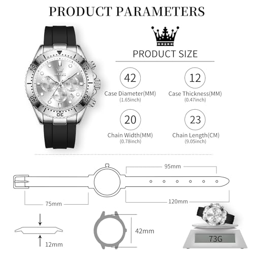 Image of OLEVS Men's Watches Sport Chronograph Analog Quartz Watch for Men with Date Waterproof Dress Casual Fashion Watch Soft Silicone Rubber Strap Band, Unidirectional Bezel & 42mm Big Face
