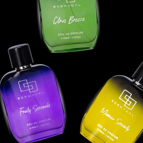 Image of Scentual Citrus Breeze, Mimosa Serenity & Fruity Serenade Eau De Perfum For Men & Women | Modern Lifestyle Long Fragrance Gift 10.2 oz Total (Pack of 3, 100ml Each)