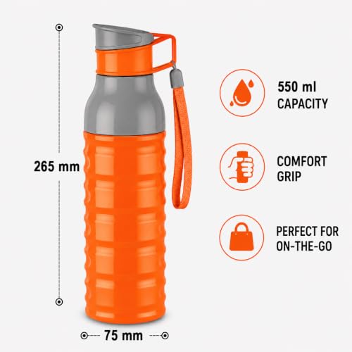 Image of CELLO Puro Steel-X Delta 600 PU Insulated Water Bottle for Office 550 ml Orange | Wide Mouth Easy to Carry with Strap Leak Proof Flip Top Lid Inner Steel Water Bottle for School Kids, College & Travel