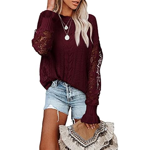 CHICZONE Womens Crochet Lace Long Sleeve Crew Neck Plus Size Knit Pullover Sweaters Jumper Tops Wine Red 3XL Cover