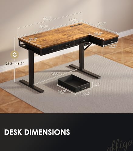Image of OffiGo 55 Inch L Shaped Electric Standing Desk with 4 Drawers, Rustic Brown | Reversible Corner Table, Office Desk With 4 Drawers and Outlets For Home Office, Computer Workstation And Sit Stand Use