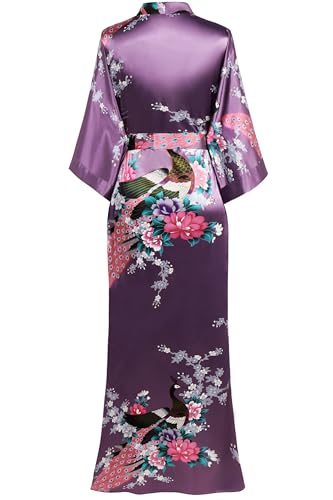 Image of BABEYOND Women's Kimono Robe Long Satin Robes with Peacock and Blossoms Printed Kimono Nightgown
