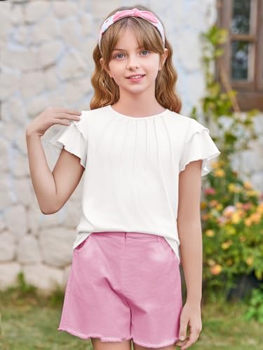 Image of Haloumoning Girls Pleated Ruffle Short Sleeve Shirts Kids Summer Crewneck T-Shirts Fashion Tops Tees 5-14 Years