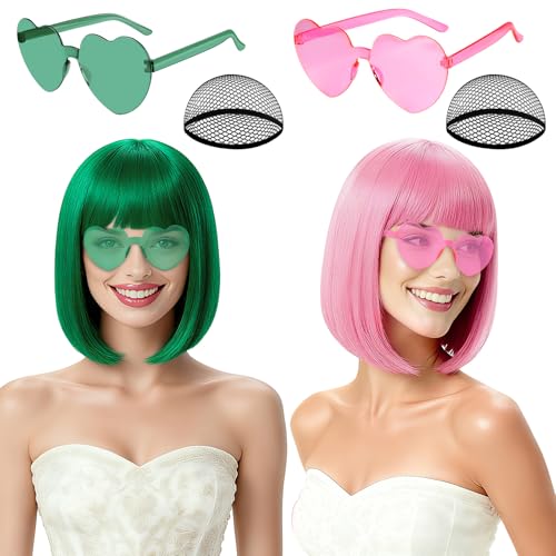 Image of 2 Pack Colored Bob Wigs and Heart Sunglasses Set, Green Pink Short Straight Bob Wig with Bangs Neon Party Colorful Synthetic Hair for Women Men Halloween Costume Bachelorette Party Favors