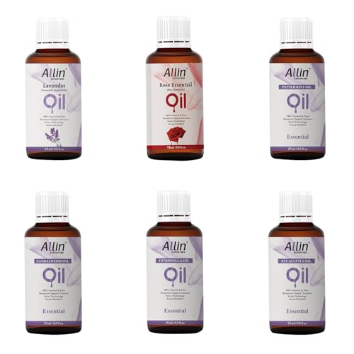 Image of Allin Exporters 6 in 1 Aroma Oil Combo Pack- Lavender, Rose, Citronella, Eucalyptus, Peppermint, Sandalwood (6 x 15ml) Pure Essential Oils for Aromatherapy, Home Fragrance, Diffusers & Candles