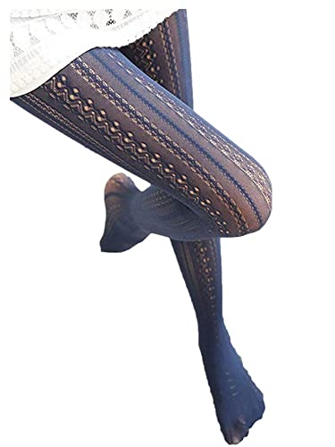 SurBepo Women Fishnet Hollow Out Knitted Patterned Thick Warm Stockings Tights Vertical Strips Pantyhose For Female(Navy, One Size)