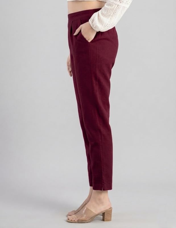 Image of Solid Cotton Woman Trousers Pants Regular Fit Kurti Pant with Drawstring Daily Office Formal Casual Use