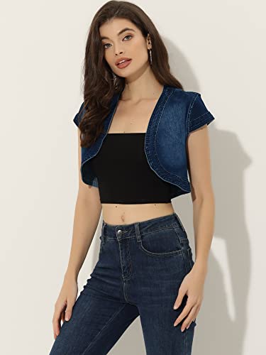 Image of Allegra K Women's Denim Jacket Cap Sleeve Cropped Open Front Shrugs Casual Summer Jean Jackets